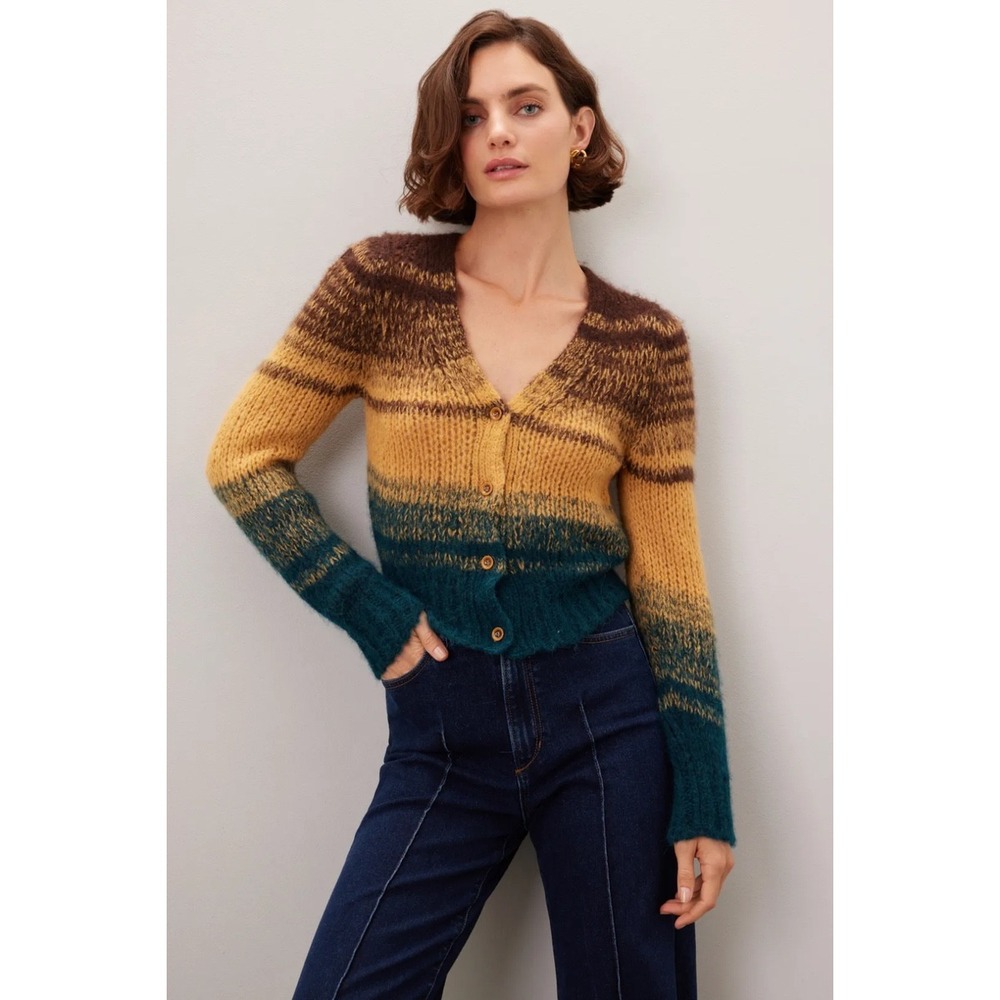 Ulla Johnson Striped Mohair Blend Cardigan Sweater Brown Yellow Teal Size Small